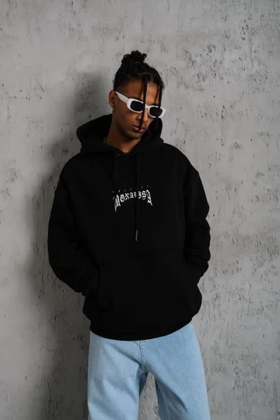Erkek Baskılı Kapüşonlu Ve Kanguru Cepli Sweatshirt Hoodie- Siyah ürün görseli 1
