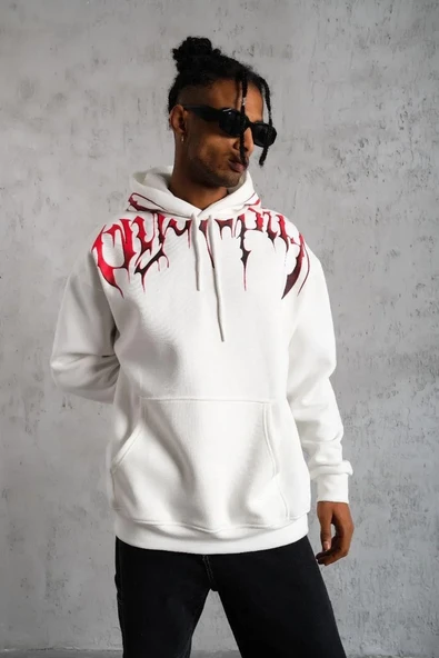 Erkek Ön Ve Arka Baskılı Kapüşonlu 3 İplik Sweatshirt - Beyaz ürün görseli 1