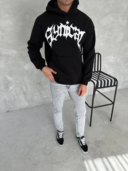 Unisex Üç İplik Kapüşonlu Baskılı Sweatshirt - Siyah ürün görseli 1