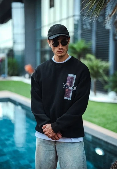 Uzun Kol Bisiklet Yaka Ön Ve Arka Baskılı Sweatshirt - Siyah ürün görseli 1