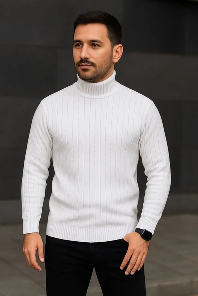 Erkek Tam Boğazlı Balıkçı Yaka Triko Kazak Kalın Fitilli - Beyaz ürün görseli 1