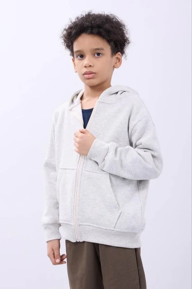 Erkek Çocuk Kapüşonlu Kanguru Çepli Tam Fermuarlı Hırka Sweatshirt - Gri ürün görseli 1