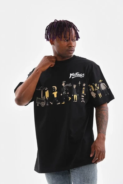 Unisex Bisiklet Yaka Baskılı Oversize T-shirt - Siyah ürün görseli 1