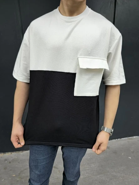 Unisex Torba Cep Detaylı Parçalı T-shirt - Siyah ürün görseli 1