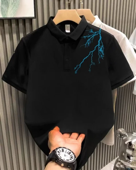 Erkek Yakası Düğmeli Baskılı T-shirt - Siyah ürün görseli 1