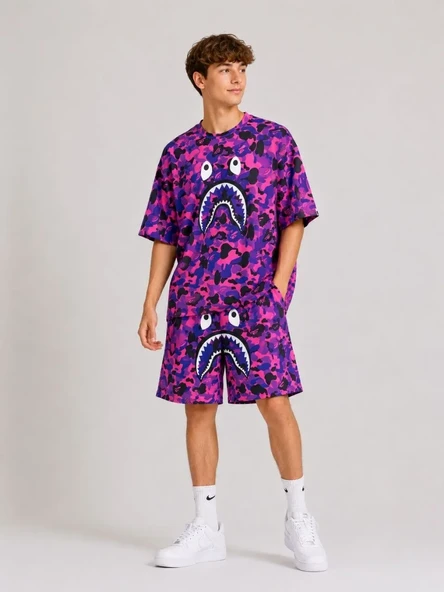 Erkek Çocuk Oversize Kalıp Pubg Bape X Shark Nakışlı Cepli Şort Takım - Mor ürün görseli 1