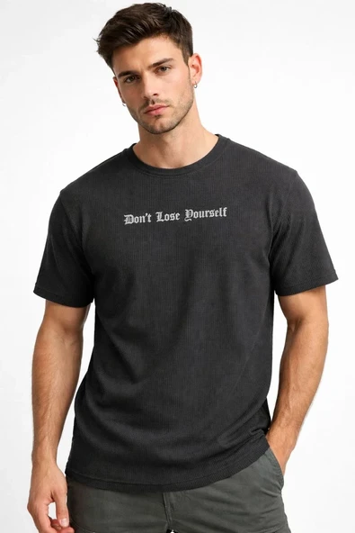 Erkek Wafıl Kumaş Tişört Regular Kalıp Bisiklet Yaka Baskılı Günlük Basic T-shirt - Siyah ürün görseli 1