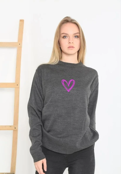 Baskılı Uzun Kol Bisiklet Yaka Dokuma Triko - Füme ürün görseli 1