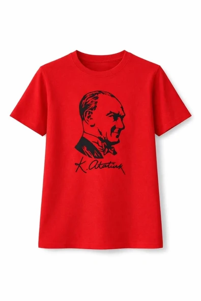 Kız Çocuk Atatürk Baskılı Tişört Kısa Kollu Bisiklet Yaka T-shirt - Kırmızı ürün görseli 1