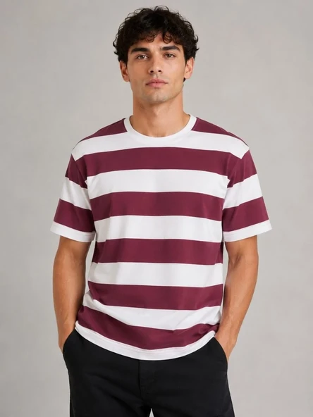 Erkek Çizgili Oversize Tişört Bisiklet Yaka Kısa Kol Yazlık T-shirt - Bordo ürün görseli 1