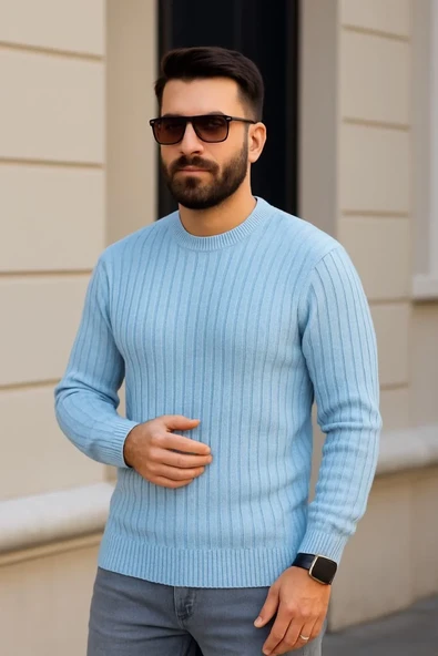 Erkek Bisiklet Yuvarlak Yaka Triko Kazak Pamuklu Kalın Fitilli Dokuma, Regular Fit Uzun Kollu Kışlık Model - Bebe Mavisi ürün görseli 1