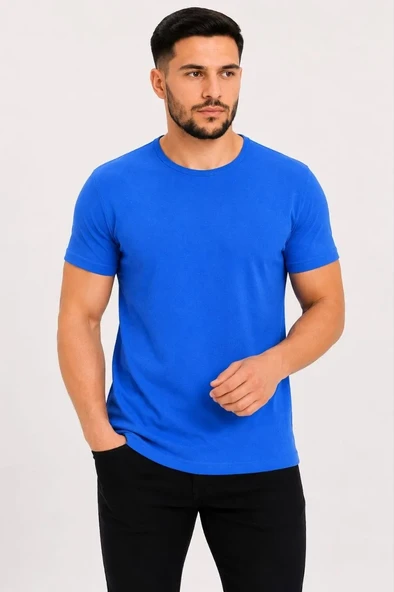 Erkek Basic Tişört Bisiklet Yaka Kısa Kol Günlük Yazlık Slim Fit T-shirt - Saks Mavisi ürün görseli 1