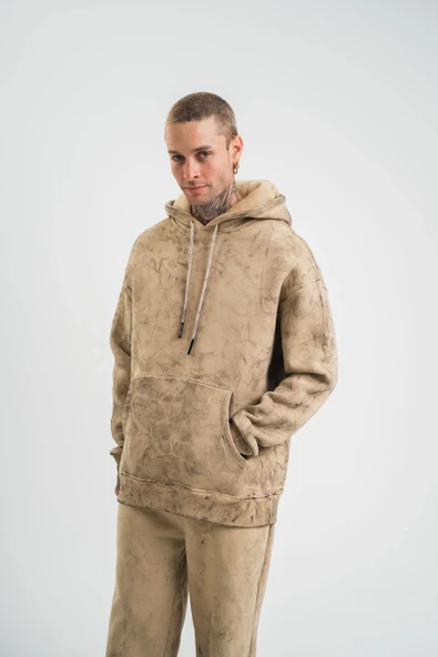 Unisex Double Oversize Kapşonlu Yıkamalı Sweatshirt - Bej ürün görseli 1