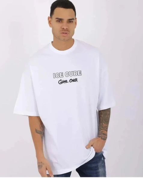 Unisex Bisiklet Yaka Baskılı Oversize T-shirt - Beyaz ürün görseli 1