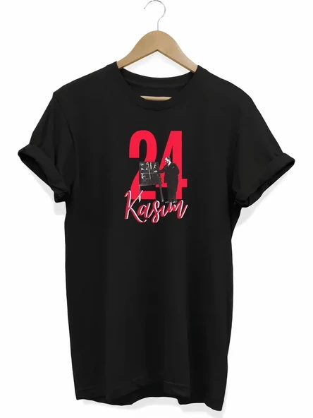 24 Kasım Öğretmenler Günü Öğretmen Hediyesi Baskılı Oversize T-shirt - Siyah ürün görseli 1