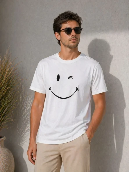 Erkek Minimal Gülümseyen Yüz Baskılı Tişört Kısa Kol Yazlık T-shirt - Beyaz ürün görseli 1