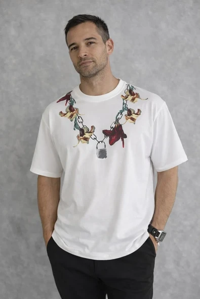 Erkek Baskılı T-shirt Kısa Kol Bisiklet Yaka Regular Fit Rahat Kalıp Günlük Tişört - Beyaz ürün görseli 1
