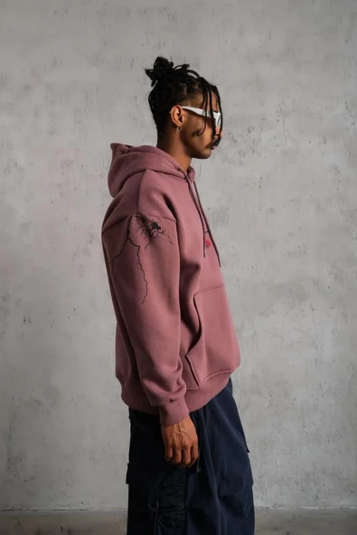 Erkek Maske Baskılı Kapüşonlu Sweat - Gül Kurusu - Resim 4