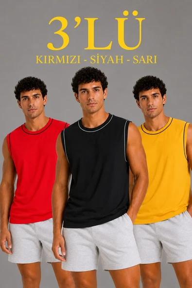Erkek 3’lü Kolsuz Sporcu Atlet Seti Yazlık Bisiklet Yaka - Siyah, Kırmızı, Sarı ürün görseli 1