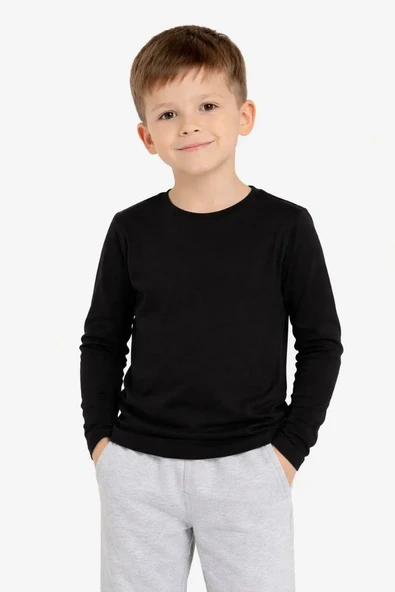 Erkek Çocuk Basic Uzun Kollu Tişört Okul Günlük Rahat T-shirt - Siyah ürün görseli 1