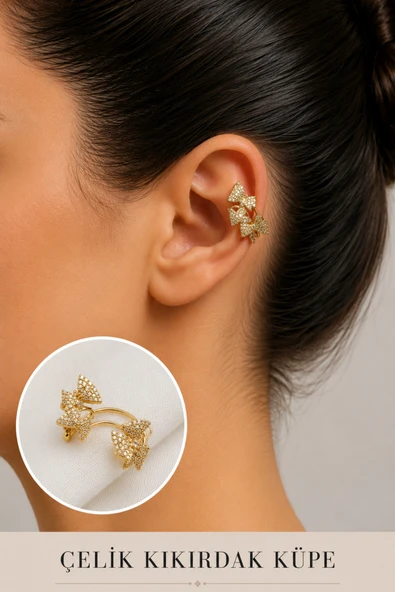 2'li Zirkon Taşlı Detaylı Kıkırdak Küpe/Earcuff/Conch (Delik Gerekmez) ürün görseli 1