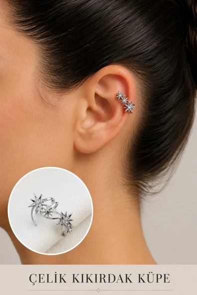 2'li Zirkon Taşlı Detaylı Kıkırdak Küpe/Earcuff/Conch (Delik Gerekmez) ürün görseli 1