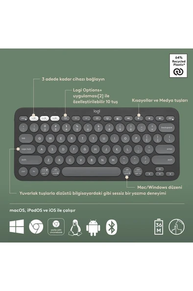 LOGITECH KLAVYE PEBBLE   K380S  KEYS 2 BLT - Resim 6