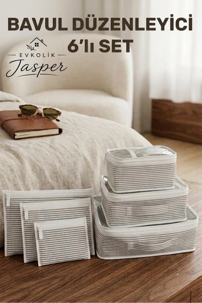 Jasper 6'lı Valiz Bavul Düzenleyici Seyahat Çantası Organizer Hurç Set Fermuarlı Gri Çizgi ürün görseli 1