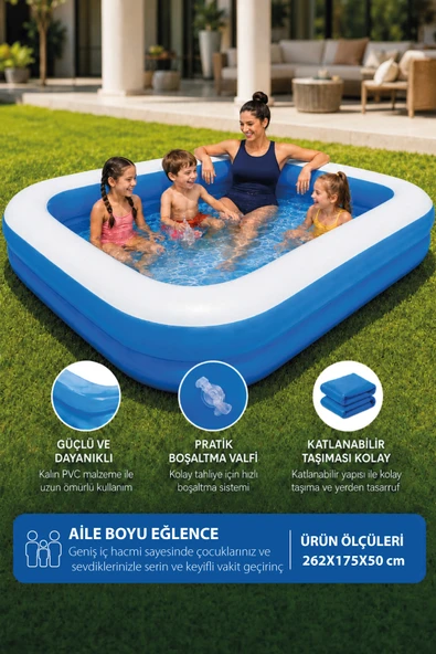Walke Şişme Aile Havuzu 262x175x51 cm Büyük Boy Dikdörtgen Bahçe Havuzu 14107 ürün görseli 1