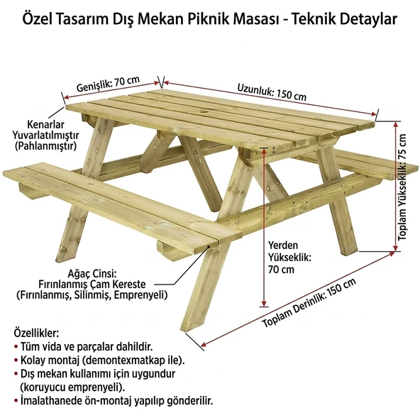 iAhşap 150 cm Fırınlanmış Emprenyeli Ahşap Piknik Masası - Özel Üretim Dış Mekan ürün görseli 1