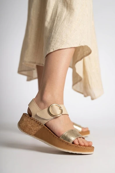 Solly Well Foot 26066 Bej-Altın Hakiki Deri Kadın Sandalet ürün görseli 1