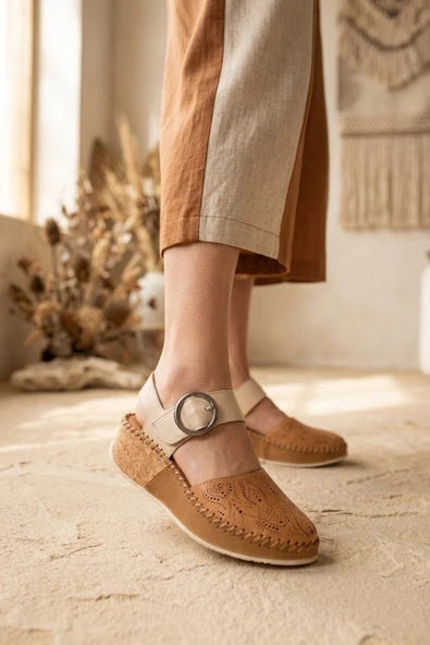 Solly Well Foot 26064 Bej-Taba Hakiki Deri Kadın Sandalet ürün görseli 1