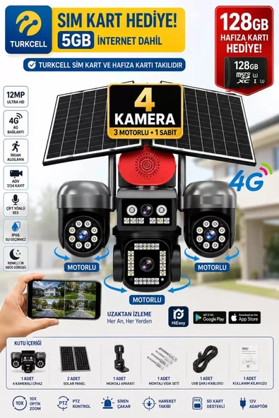 Ventus FullSET 128GB + Turkcell Hat 4 Kameralı ( 3 Motorlu +1 Sabit) 12MP Sirenli Çift Solar Panel 20800Mah Batarya HiEasy Güvenlik Kamerası ürün görseli 1