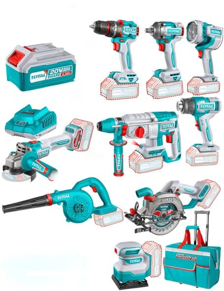 TOTAL 9 LU AVANTAJ SET DARBELİ MATKAP - SOMUN SIKMA - ÇALIŞMA IŞIĞI - TAŞLAMA - KIRICI DELİCİ - SICAK HAVA TABANCASI - ÜFLEME - DAİRE TESTERE - ZIMPARA - TAŞIMA ÇANTASI TOSLI250381E ürün görseli 1