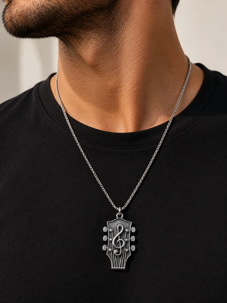 Gümüş Renk Gitar Kafa Figürlü Sol Anahtarı Kolye Paslanmaz Çelik Zincirli 60 cm Unisex Müzik Kolyesi ürün görseli 1