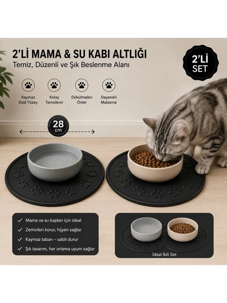 2'li Kedi Köpek Mama ve Su Kabı Altlığı 28 cm Kaymaz Yıkanabilir Havuzlu Beslenme Matı Yuvarlak Siyah ürün görseli 1
