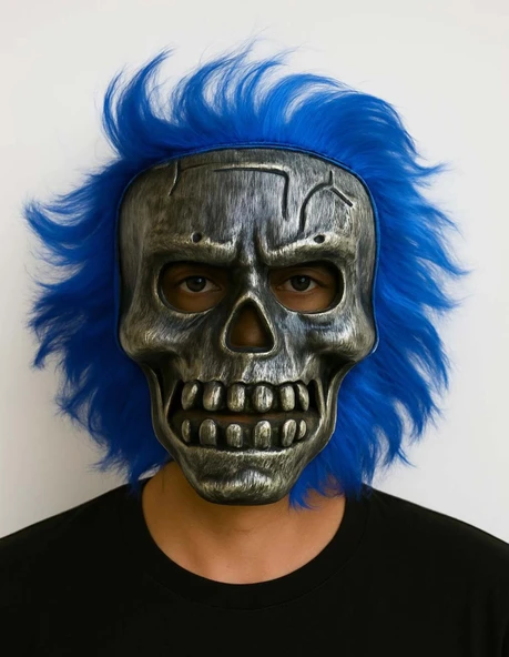 Wild Skull - Gümüş Kafatası Mavi Saçlı İskelet Maske ürün görseli 1