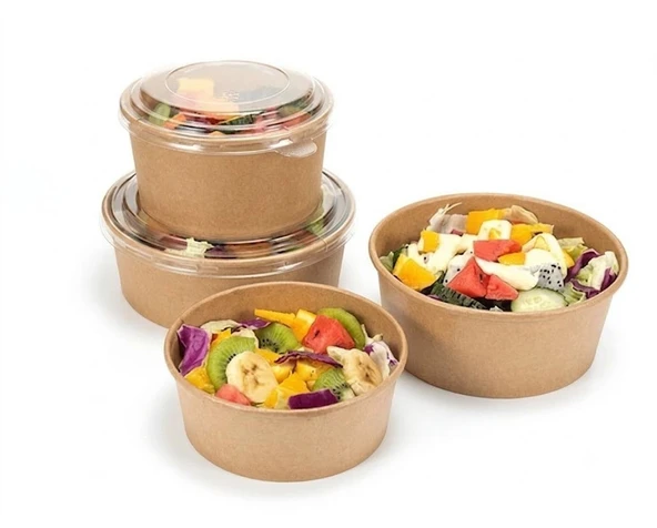 ŞeyliŞeyler - Kraft Salata Kabı 1100 gr / 1100 cc 100 Adet - Şeffaf Kapaklı Sızdırmaz Paket Servis Kasesi (Kapak Dahil Set) ürün görseli 1