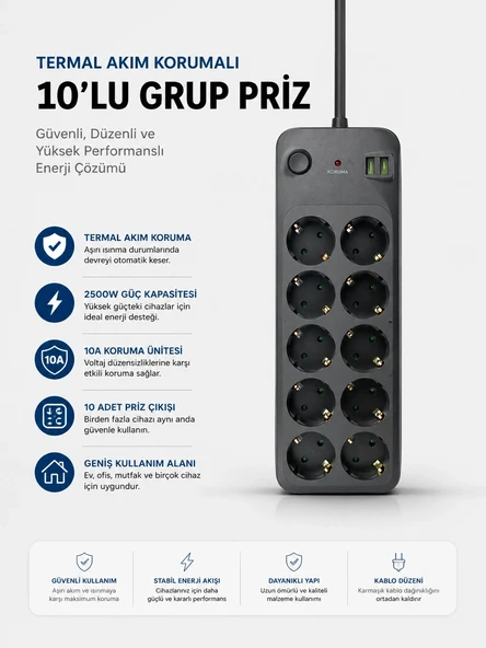 Termal Akım Korumalı Usb Type-c Girişli 10'lu Grup Priz 2500w Güç Kapasitesi (kopya) ürün görseli 1