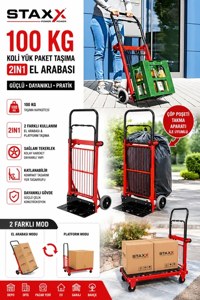 Staxx 2In1 Katlanabilir Platform Arabası 100 Kg El Arabası Koli Paket Market Depo Taşıma Arabası Ev ürün görseli 1