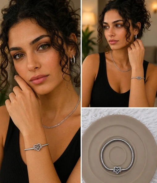? Premium Gümüş Renk Parlak Taşlı Şık 316L Çelik Sonsuzluk ve Kalp Figürlü Charm Bileklik (~18cm) ürün görseli 1