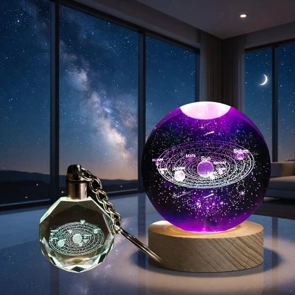Gezegenler Temalı Işıklı Cam Küre - Renk Değiştiren Gece Lambası - Kristal Anahtarlık Seti ürün görseli 1