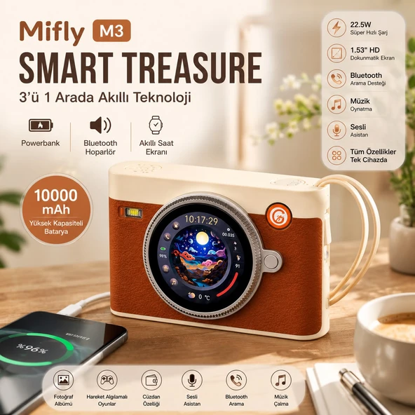Smart Treasure M3 10000 mAh 22.5W Hızlı Şarjlı Powerbank Bluetooth Hoparlör 1.53’’ Dokunmatik Akıllı Ekranlı Taşınabilir Şarj Cihazı - Kahverengi ürün görseli 1