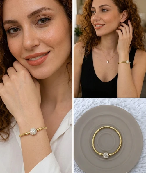? Premium Gold Renk Yuvarlak Model Parlak Taşlı 316L Detaylı Charm Bileklik - (18cm Uzunluk) ürün görseli 1