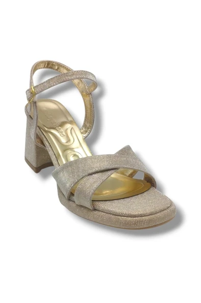 Erbay 405-26 Simli Çupra Kumaş Çapraz Bant Kalın Topuk Kadın Sandalet(7cm) ürün görseli 1