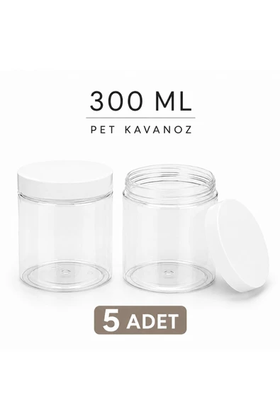 300 ml - Şeffaf Pet Plastik Kavanoz - Beyaz Kapak - 5 Adet ürün görseli 1