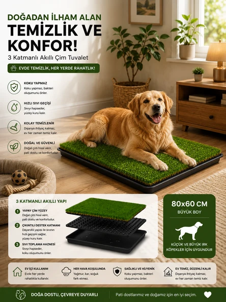 Pro Akıllı Çim Tuvaleti Köpek Kedi İçin 3 Katmanlı Yıkanabilir Hazneli 80x60 Büyük Boy ürün görseli 1