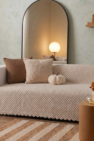 Bej Pötikare Desenli Polarlı Yumuşak Dokulu Koltuk Örtüsü 170x210 cm ürün görseli 1