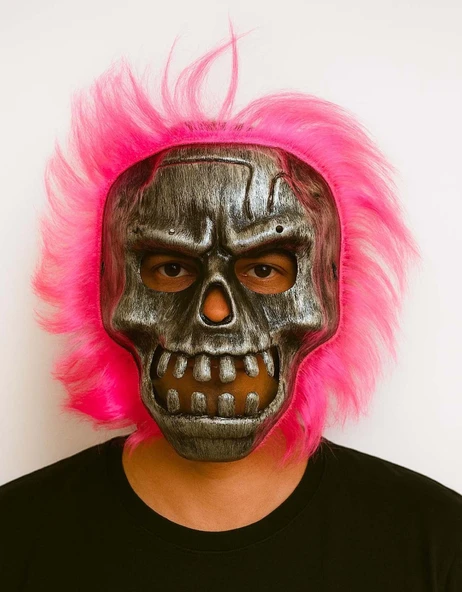 Wild Skull - Gümüş Kafatası Pembe Saçlı İskelet Maske ürün görseli 1