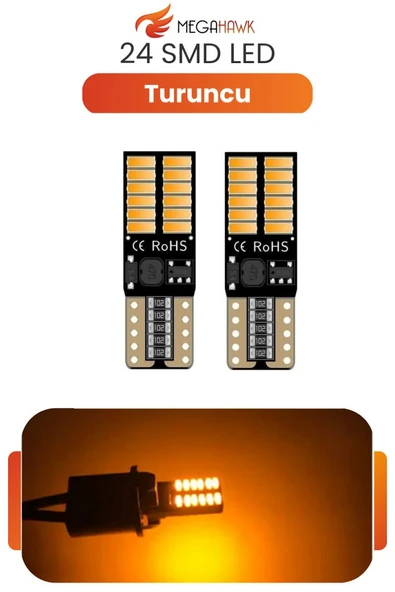 T10 W5W 24 SMD LED Ampul Turuncu Canbus Park Sinyal İç Aydınlatma 2 Adet ürün görseli 1